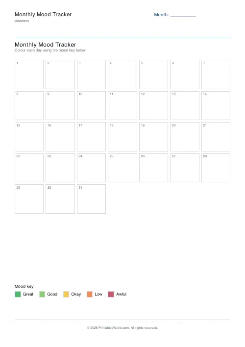 Free printable mood tracker — Five-point scale — PDF download
