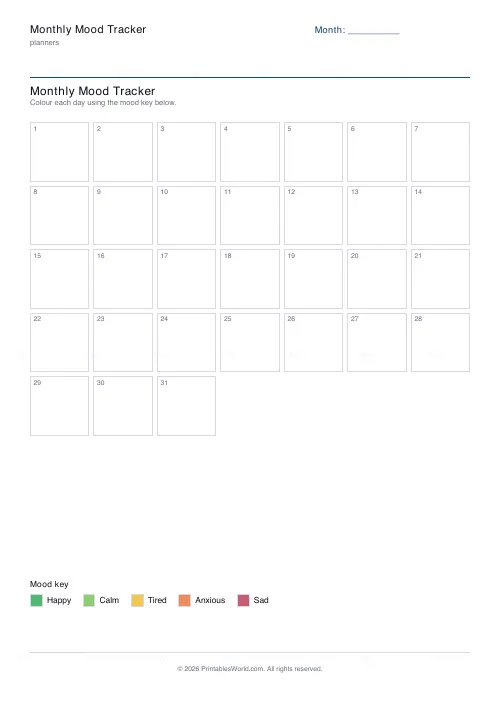 Free printable mood tracker (Six emotions), PDF download