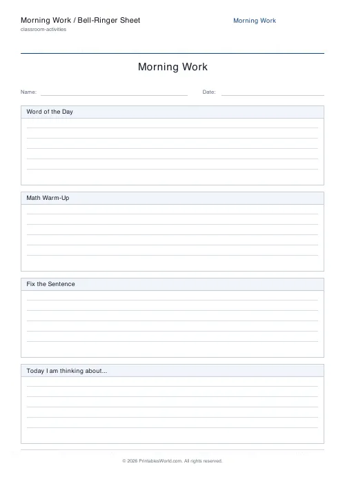 Free printable morning work sheet — 1 column — PDF download