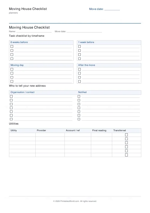 Free printable moving house checklist (4 tasks/group), PDF download