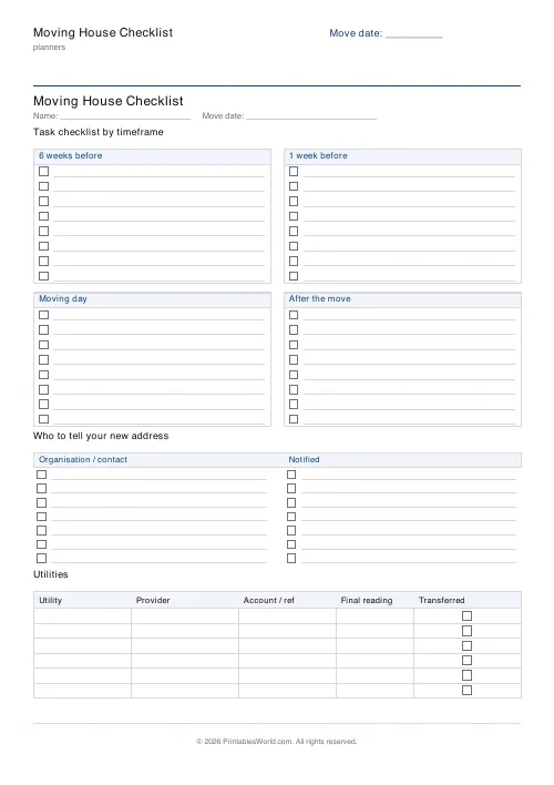 Free printable moving house checklist (8 tasks/group), PDF download