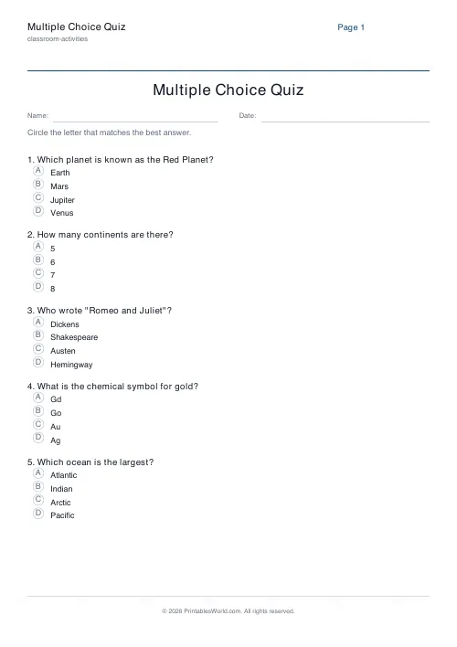 Free printable multiple choice quiz — With Name/Date — PDF download