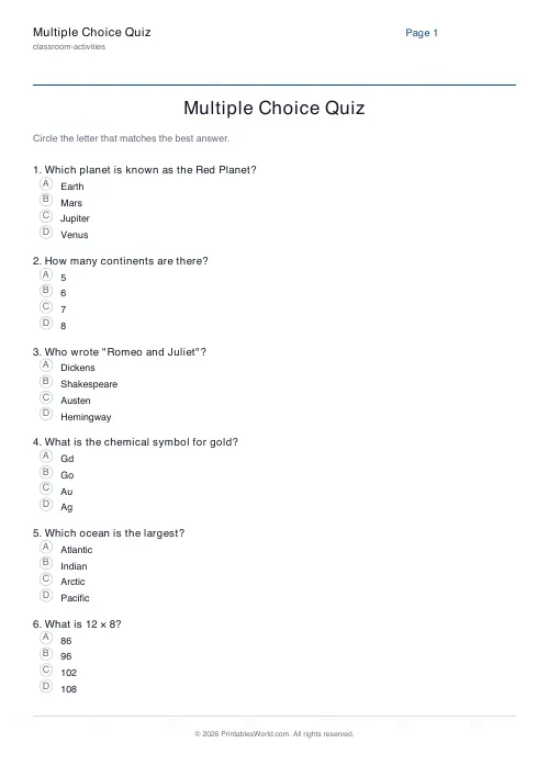 Free printable multiple choice quiz — Without Name/Date — PDF download