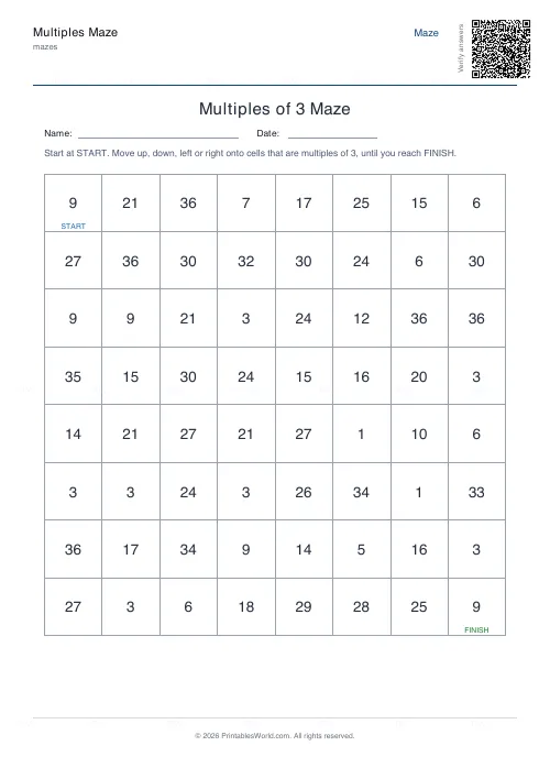 Free printable multiples maze (3, with answer key), PDF download