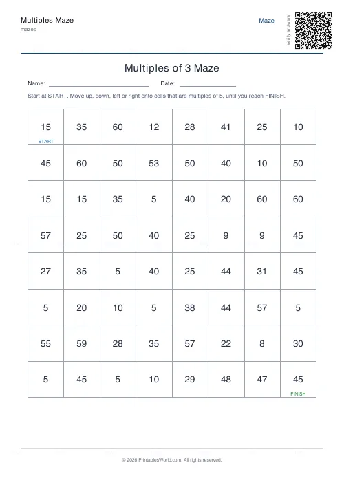 Free printable multiples maze (5, with answer key), PDF download