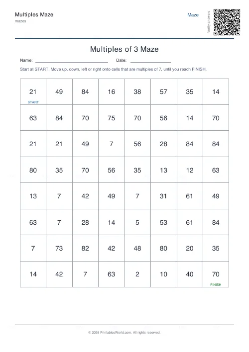 Free printable multiples maze (7, with answer key), PDF download