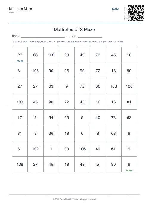 Free printable multiples maze (9, with answer key), PDF download