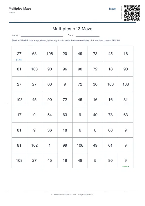 Free printable multiples maze (9), PDF download