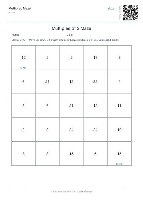 Free printable multiples maze (5×5), PDF download