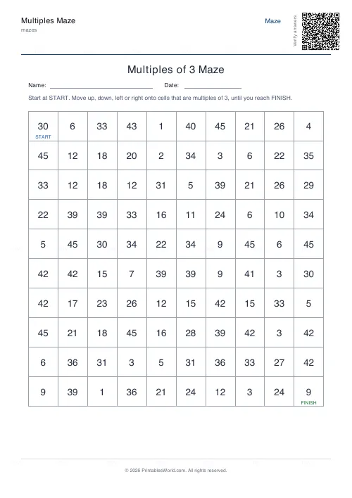 Free printable multiples maze (10×10), PDF download