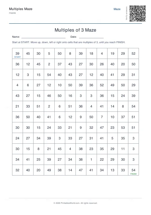 Free printable multiples maze (12×12), PDF download