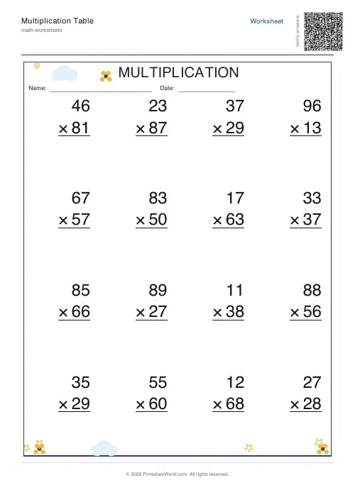Vertical two-digit multiplication worksheet in column format, set 1