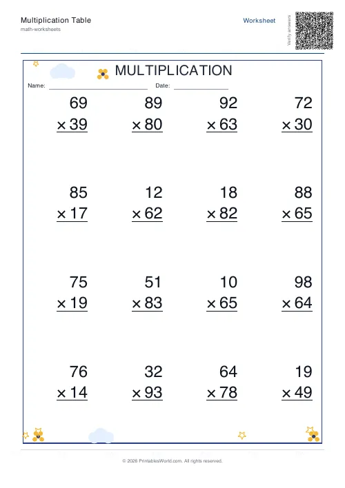 Vertical two-digit multiplication worksheet in column format, set 2