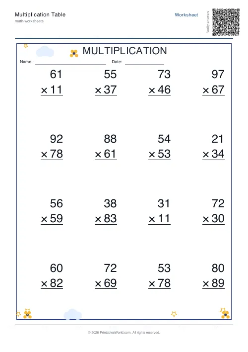 Vertical two-digit multiplication worksheet in column format, set 3