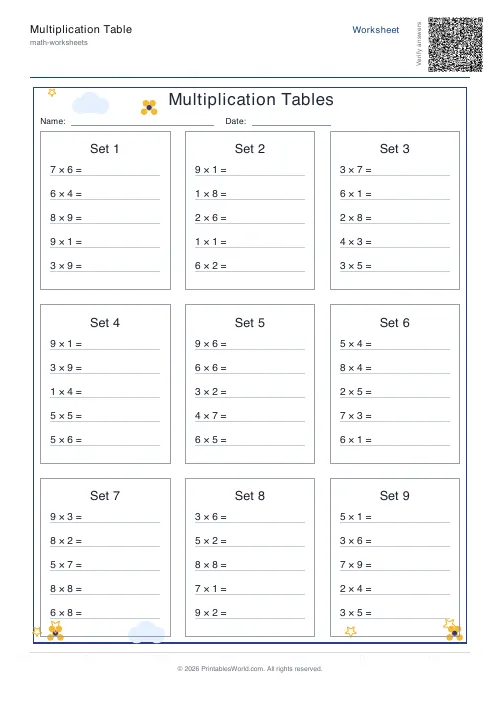 Multiplication tables answer key showing completed times-tables facts, set 1