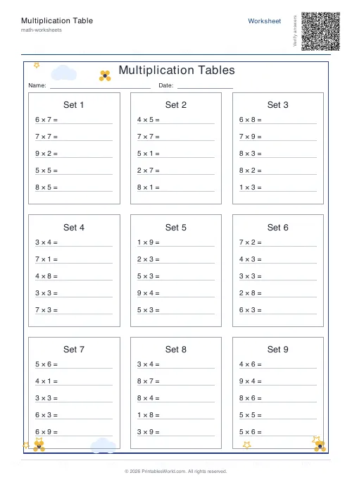 Multiplication tables answer key showing completed times-tables facts, set 2