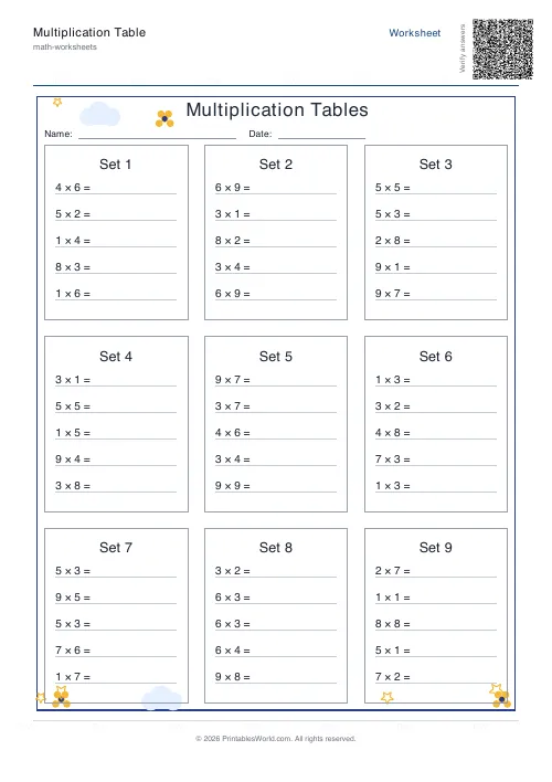 Free printable multiplication tables worksheet with sets of times-tables facts, set 2
