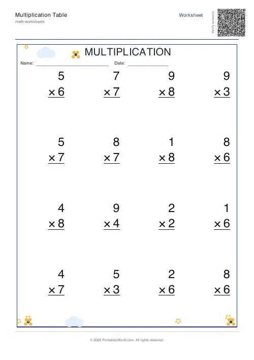 Vertical multiplication answer key with completed products, set 1