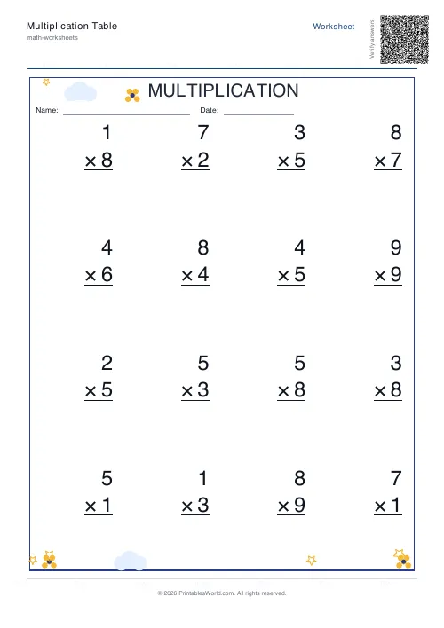 Vertical multiplication answer key with completed products, set 2