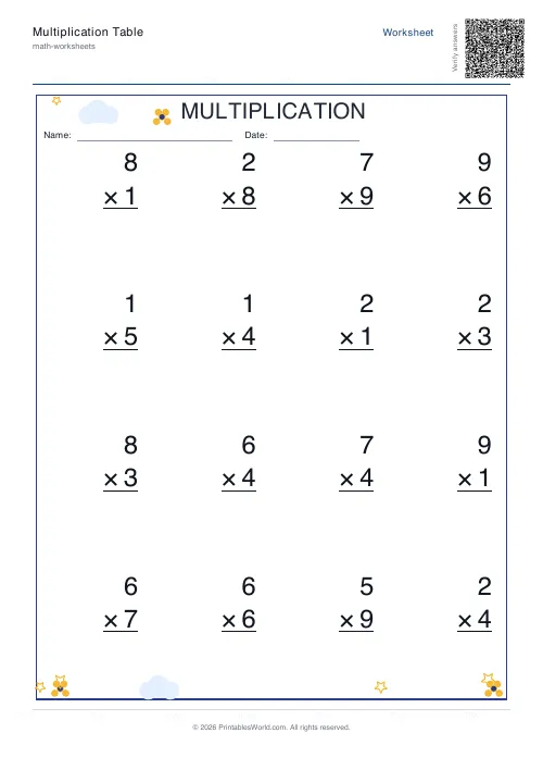 Vertical single-digit multiplication worksheet in column format, set 1