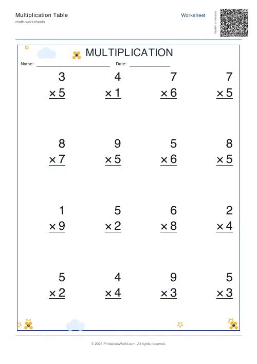Vertical single-digit multiplication worksheet in column format, set 2