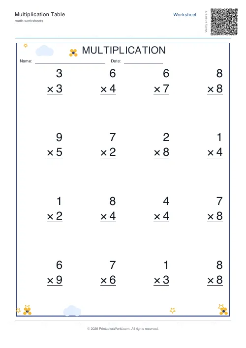 Vertical single-digit multiplication worksheet in column format, set 3