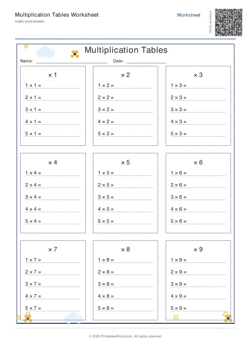 Free printable multiplication table — Tables grid — PDF download