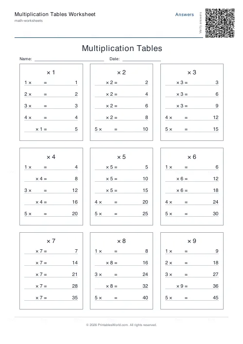 Free printable multiplication table (Find missing factor), PDF download