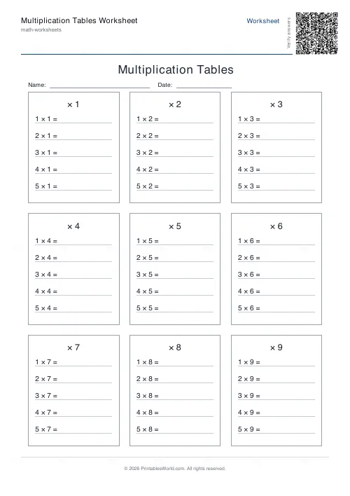 Free printable multiplication table (Tables grid, with answer key), PDF download