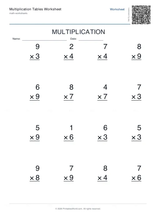 Free printable multiplication table (Vertical column, with answer key), PDF download