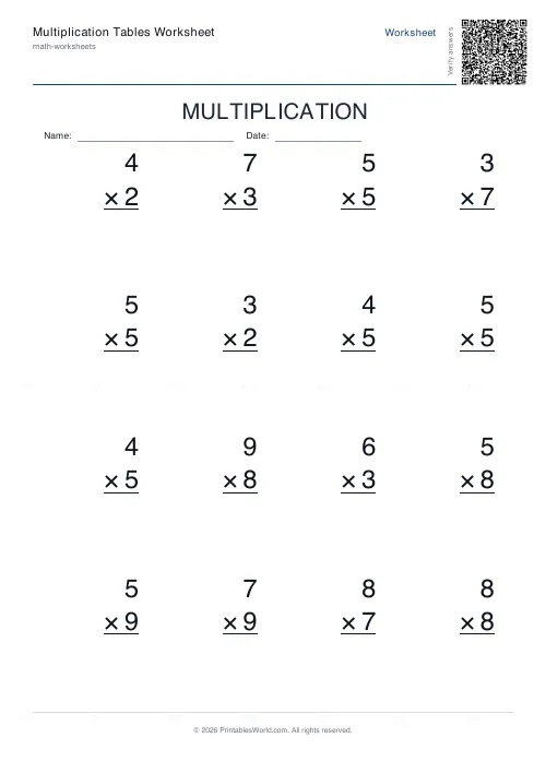 Free printable multiplication table (Vertical column), PDF download