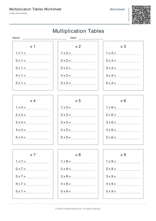Free printable multiplication table (1-digit), PDF download