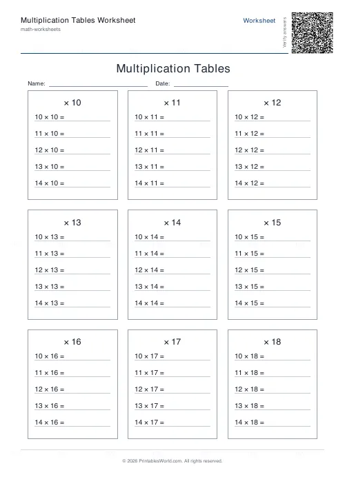 Free printable multiplication table (2-digit), PDF download