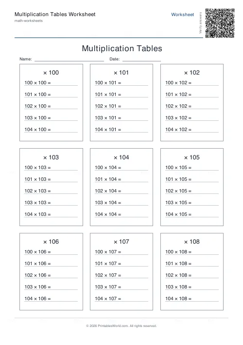 Free printable multiplication table (3-digit), PDF download