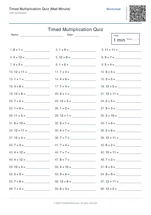 Free printable timed maths drills — Addition — PDF download