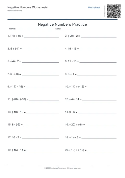 Free printable negative numbers worksheet — Add/subtract — PDF download