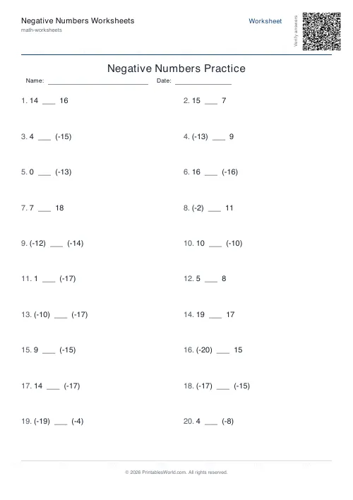 Free printable negative numbers worksheet — Compare — PDF download