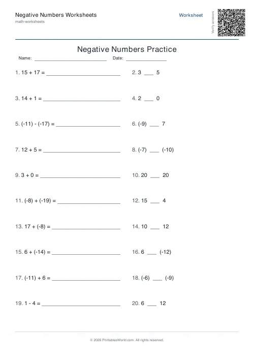 Free printable negative numbers worksheet — Mixed — PDF download