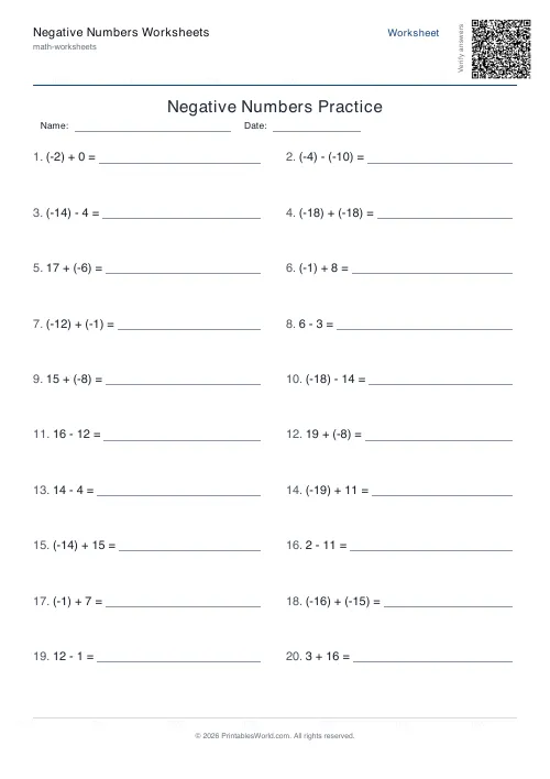 Free printable negative numbers worksheet — Add/subtract, with answer key — PDF download
