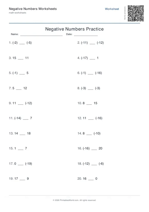 Free printable negative numbers worksheet — Compare, with answer key — PDF download