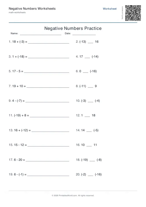 Free printable negative numbers worksheet — Mixed, with answer key — PDF download