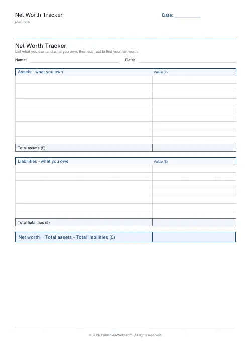 Free printable net worth tracker (Pounds (GBP)), PDF download