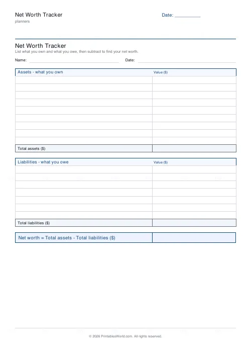 Free printable net worth tracker (Dollars (USD)), PDF download