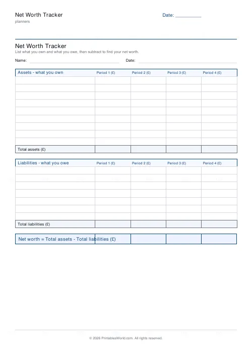 Free printable net worth tracker (Quarterly columns), PDF download