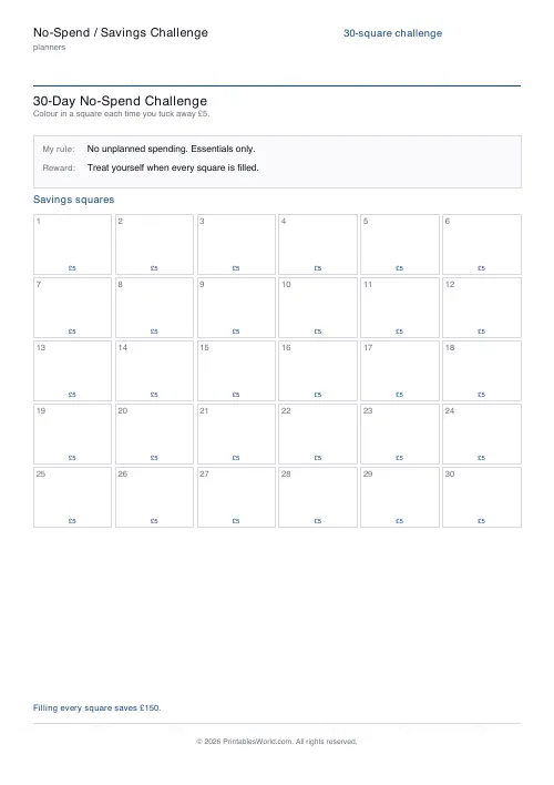 Free printable no-spend challenge tracker — Savings squares — PDF download