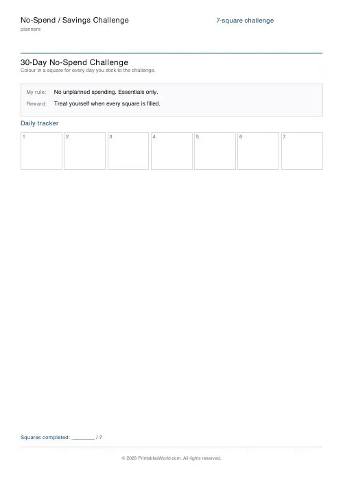 Free printable no-spend challenge tracker — 7 squares — PDF download