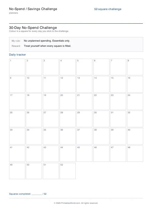 Free printable no-spend challenge tracker — 52 squares — PDF download