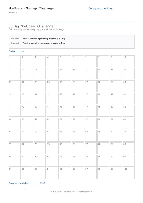Free printable no-spend challenge tracker — 100 squares — PDF download
