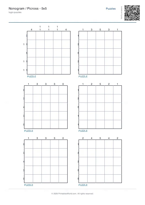 Free printable nonogram puzzle (5x5), PDF download