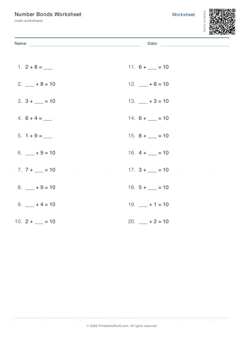 Free printable number bonds worksheet (10), PDF download